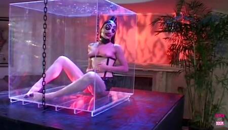 A masked girl in a cage watches a foursome in her slave training