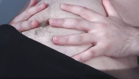 fat guy slowly rubbing his belly, stroking his cock and cumming a lot