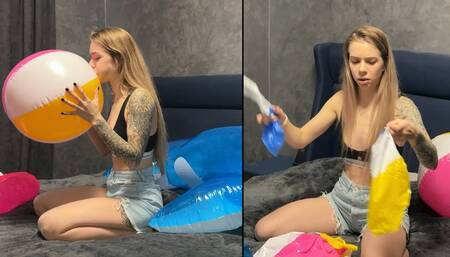 Chloe the cheater blows and pops two beach balls