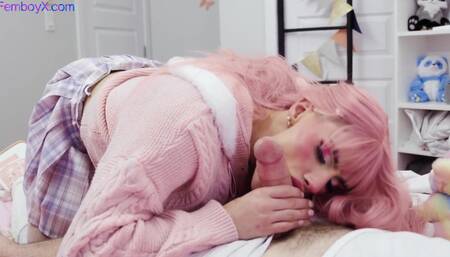 Pink hair femboy in college uniform fucked in his skinny ass