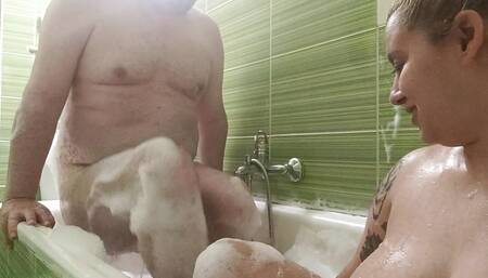 Old and young take a bath he cum on her big tits