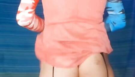 Teasing in My Pink Dress and Stockings and Stripping It