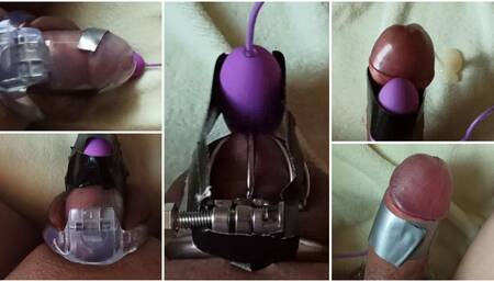 Locked in CB cage can't cum, vibrator ejaculated