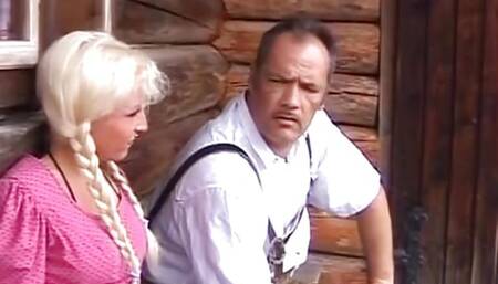 Big boobed blonde Greman slut fucked hard in the log cabin