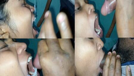 Daughter-in-law and father-in-law's affair sex shakes father-in-law's cock with hand and eats daughter-in-law sucks more and takes cum in the main