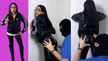 Adidas bitch eRica get her ass & shiny leather leggings worshiped!!