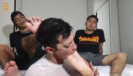I Share my lil Stepbrother Foot slave with my new GYM friend Anthony (footgagging and worship on 2 months Long toenails)