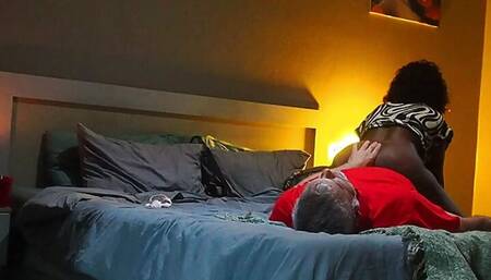 Black Milf makes out with a white man, he fucks her raw and puts his white seed deep in here