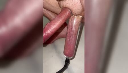 Huge balls filled small cock pump.