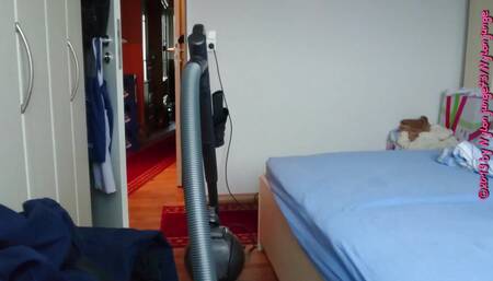 Vacuum Cleaning in Blue Fine Pantyhose