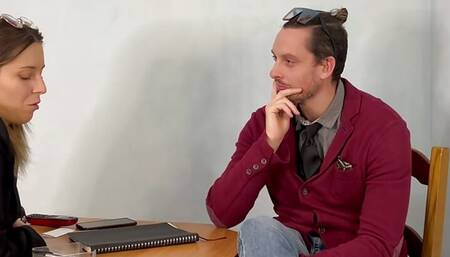 manager on desk with colleague who wants to get promoted and skip company dinner