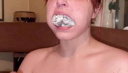 Paper and Tape Gag Solo - Slapping, Clothespins, Bag and Long Orgasm