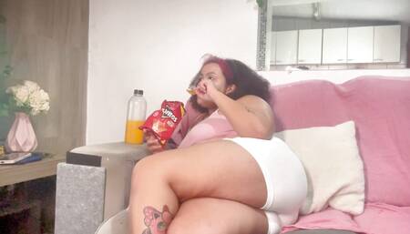 BBW Farting While Eating and Watching TV in White Shorts