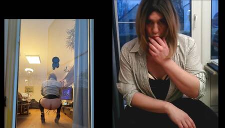 Sissy in Leggins playing with Dildo on balcony