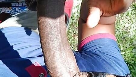 Me and my friend suck my neighbor's huge, thick, black cock in a bush.