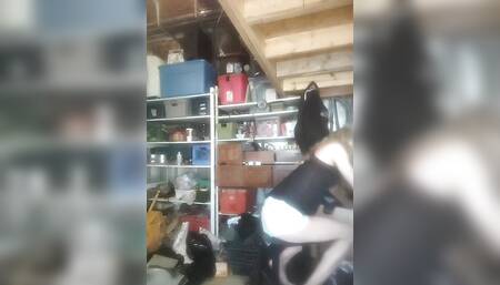 Crossdresser Exploring Outfits and play in a Private Storage Room