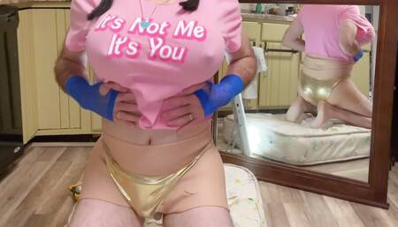 Braided dark-haired tranny mounts dildo for joy ride