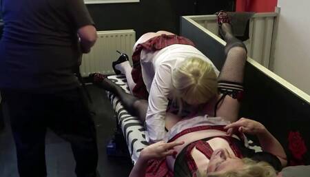 Naughty Schoorgirl Daphne gives Mrs Samantha a good blowjob!