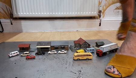 Giantess Atari queen destroys tiny cars buses and buildings toy car crush in sexy yellow wedges ground view