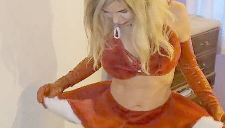 red sexy santa strip to lingerie and latex and heels cum wit wand