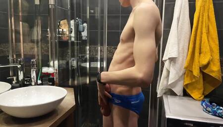 twink one squeezes and jerks his big cock bringing to orgasm, twink cum