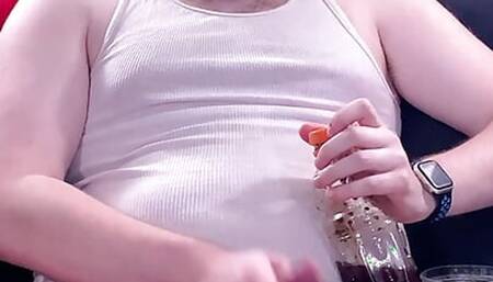 Getting messy and greasy and shooting a good load spitting dip spit on myself
