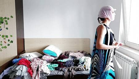 Amateur wife tries on clothes. Hairy pussy, sexy brunette, big ass, sexy clothes, panties, socks, shorts, tights.