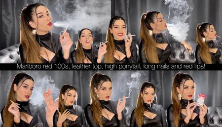 Marlboro Red 100s, leather top, high ponytail, long nails and red lips!
