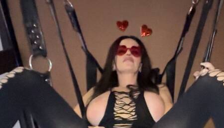 Bonnie in a swing slides her Tight Wet Pink Pussy up n Down a BIG Throbbing Dick