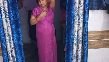 Cute Indian couple secretly having sex in red nightie