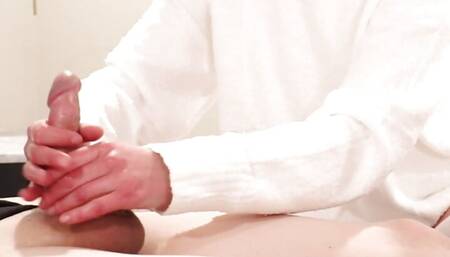 Domina in Soft White Sweater Plays With Slaves Cock as Reward