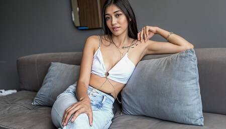 Skinny slut in sexy lingerie sucks a huge beefy cock before riding it hard