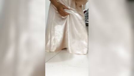 Crossdresser squirting while wearing satin organza cute dress