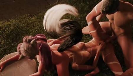 The Seven Realms - Atlas Fucking Kali and Kagome, Threesome Sex, Blowjob, Lesbian Pussy Licking