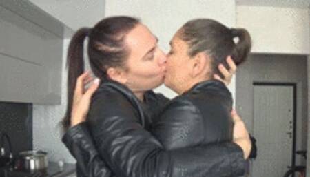 Lesbians sexy kiss and hug in leathers 2