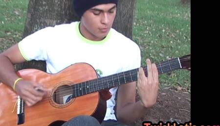 Latin amateur twink fingers ass n jerks cock in solo action