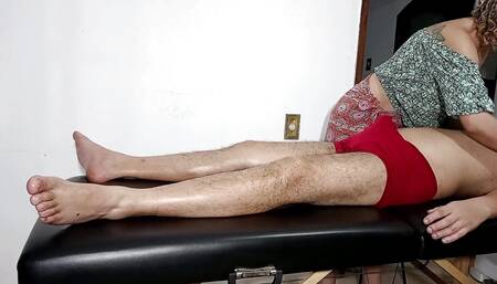 He managed to take off the masseuse's clothes and convince her to give him a blowjob and sit on him.