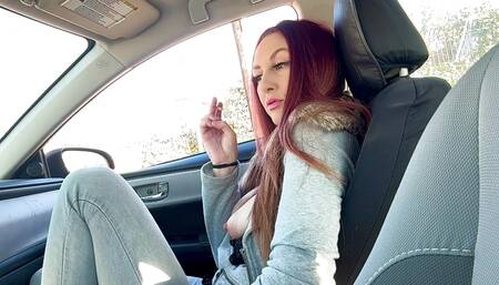 Italian Milf Artemisia Love Slowmo Smoking Sesh in the car with her big tits and hard nipples out Smoking boobs Long hair fetish