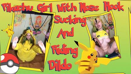 Pikachu girl with Nose Hook blowjob and rubbing her pussy about big dildo