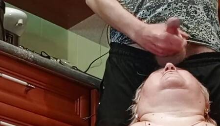 hot cum in stepmom's mouth after jerking off a dick in the kitchen
