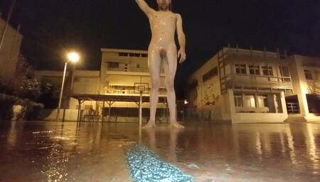 Naked piss shower in public basketball field and playing with small dick