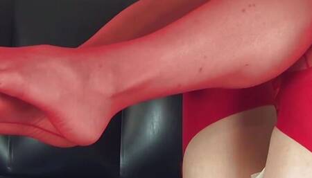 red stocking and colorfull toes