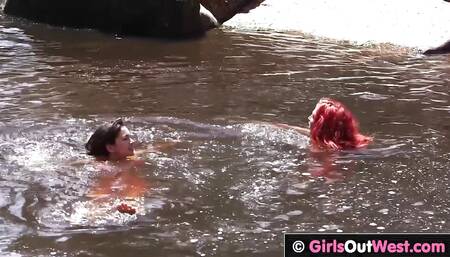 Hot red haired hitchhiker has lesbian sex in nature