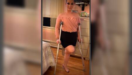 Sexy blonde amputee Bionic Beauty heels and crutches