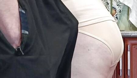 cum in stepmom's mouth after jerking off a dick in the kitchen