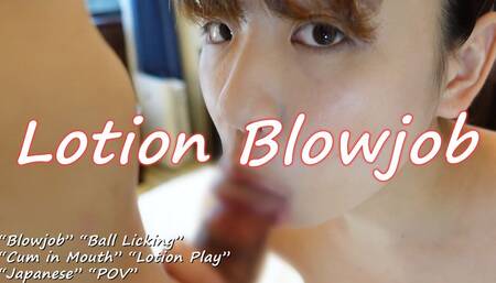 After pouring lotion on her bloomers, she gives a blowjob with saliva