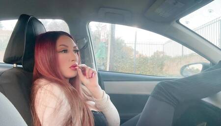 Italian Big Tits Milf Smoke Session in the car big boobs Long Hair fetish