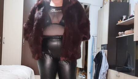 tease you with my fur coat leather pants and big tits