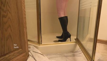 Showering with my black pointy-toe boots