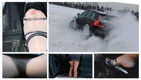 HOT: Crazy drift really hard braking and amazing upskirt in powerful Volvo in deep snow